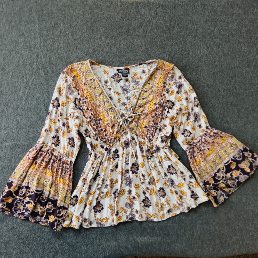 Angie Womens Boho Top Size Medium Flower Peasant Festival Bell Sleeve Floral